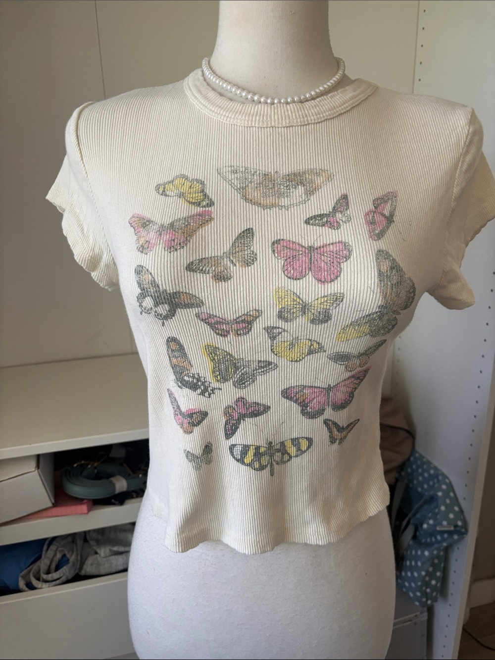 Daydreamer Cream Ribbed Crop Top with Pink & Yellow Butterfly Motif